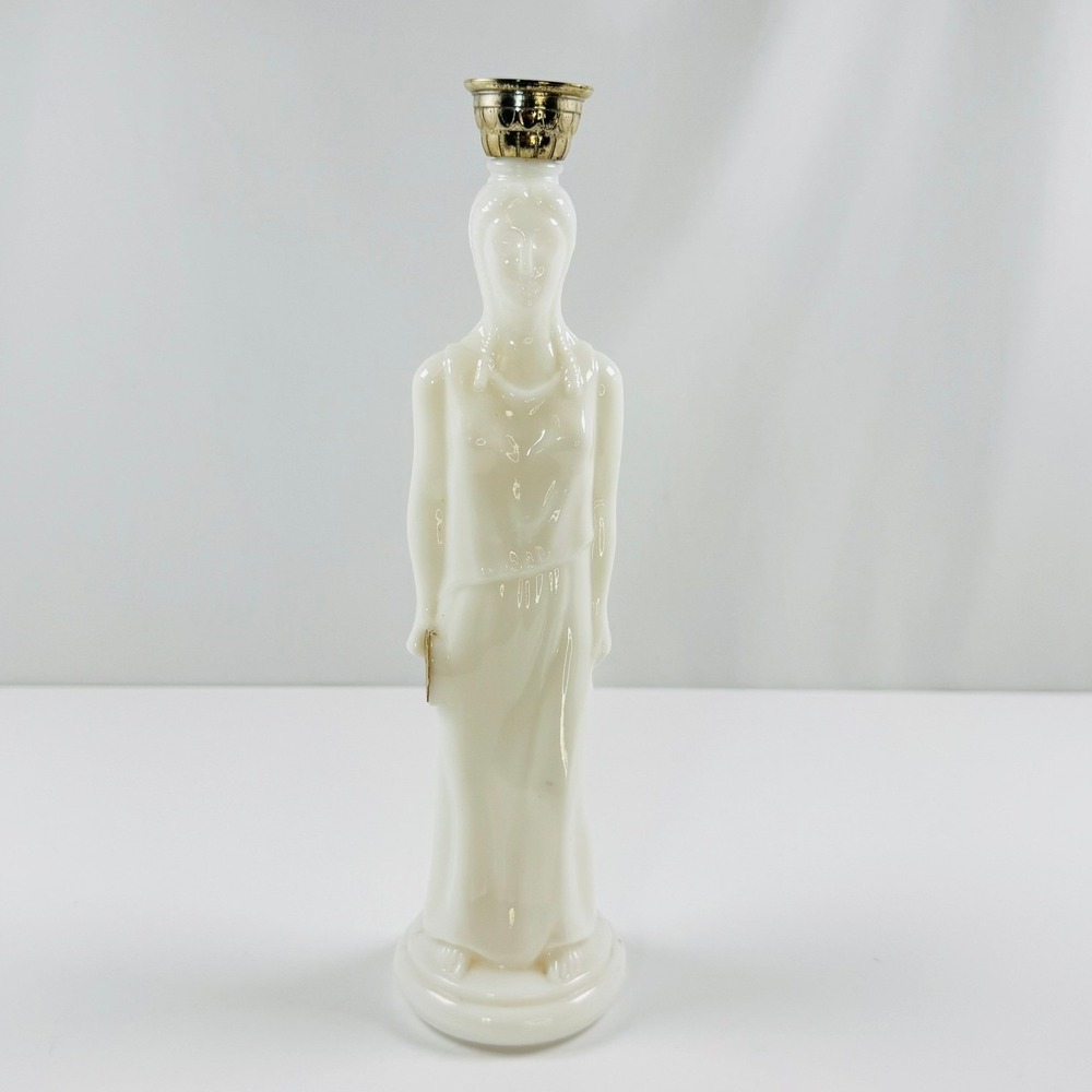 Vintage 70s Tall Milk Glass Grecian Goddess Decanter Gold Laurel Avon Not Empty